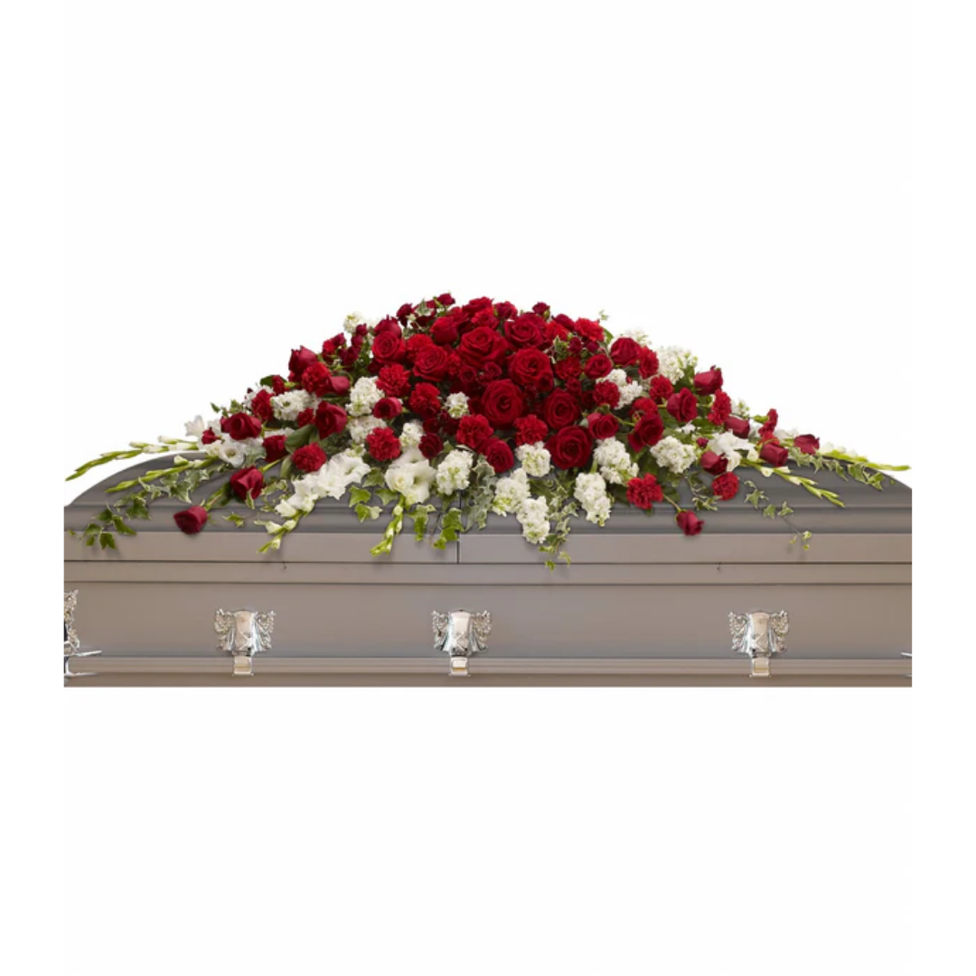 Garden of Grandeur Casket Spray with red and white roses