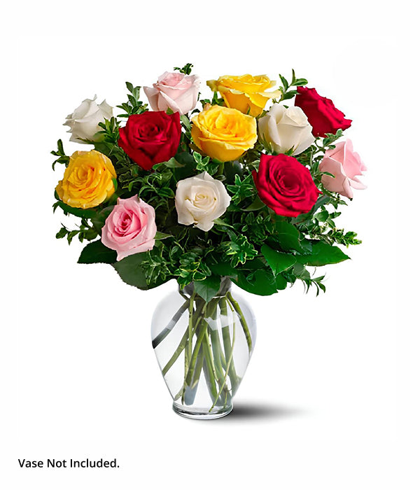 One dozen assorted long stem roses in a vase.