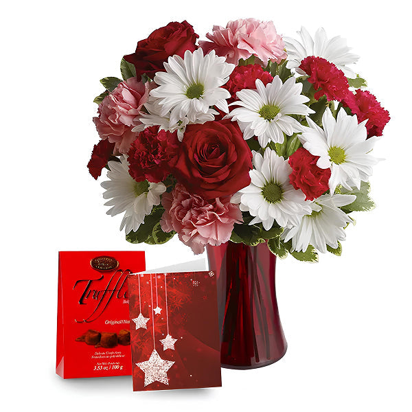 flowers in a red vase with truffles and a greeting card