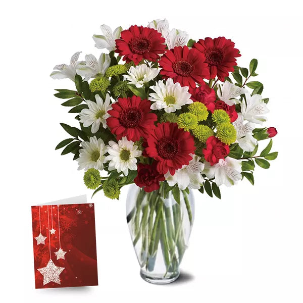 Christmas bouquet with red gerbera daisies and card