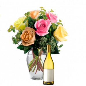 Mixed Summer Roses & White Wine Gift Set 